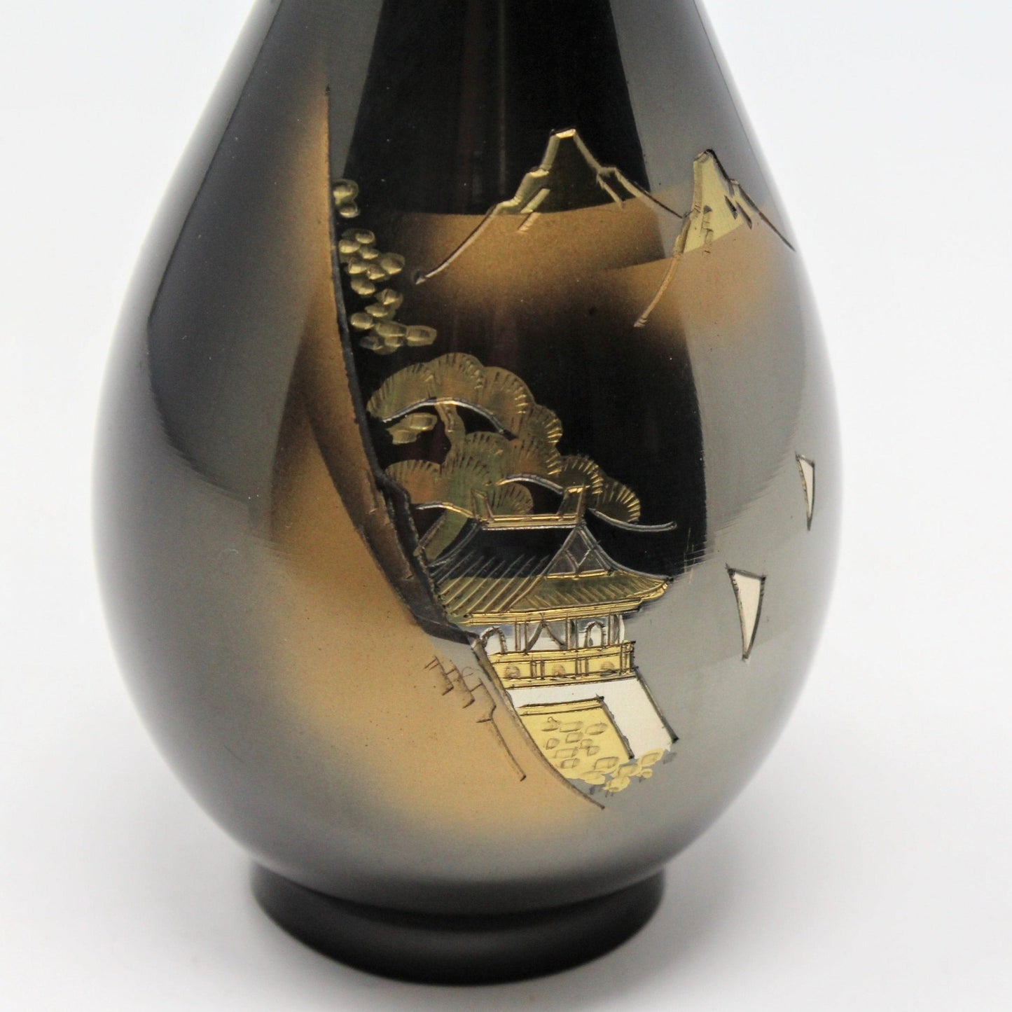 Bud Vase, Chokin, Black with Temple Pagoda, Japan, Vintage