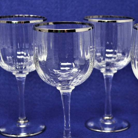 Wine Glasses, Claret, Ribbed Glass Bowl, Set of 8, Vintage