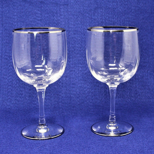 Wine Glasses, Ribbed Bowl Silver Rim, MCM, Set of 2, Vintage