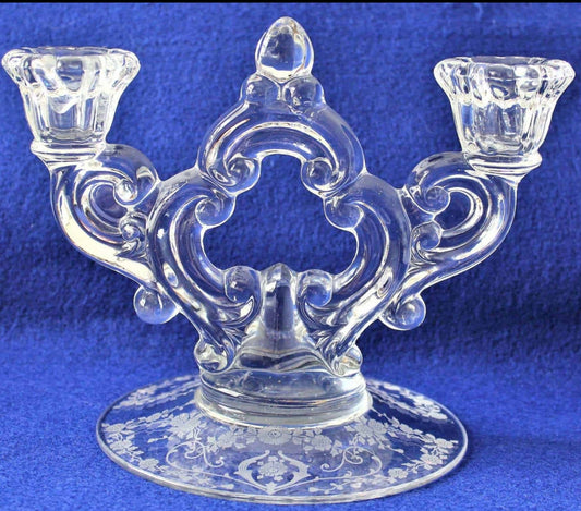 Candle Holders, Cambridge, Diane Two-Light, Etched Floral, Glass Taper, Vintage, SOLD