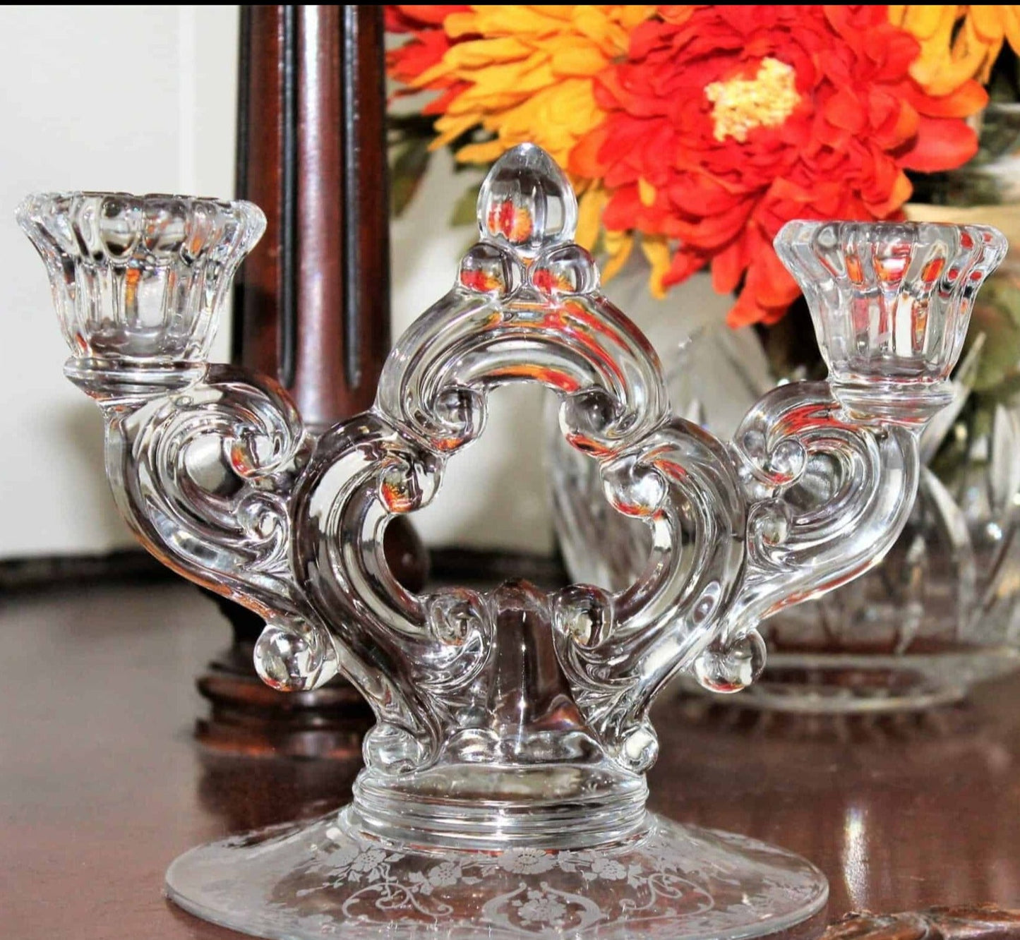Candle Holders, Cambridge, Diane Two-Light, Etched Floral, Glass Taper, Vintage