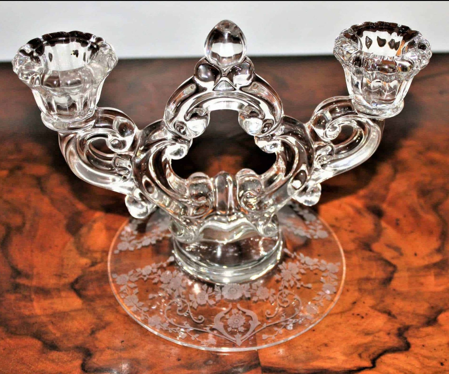 Candle Holders, Cambridge, Diane Two-Light, Etched Floral, Glass Taper, Vintage