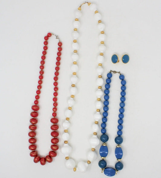 Necklace, Set of 3: Red, White and Blue, Graduated Beads, Vintage