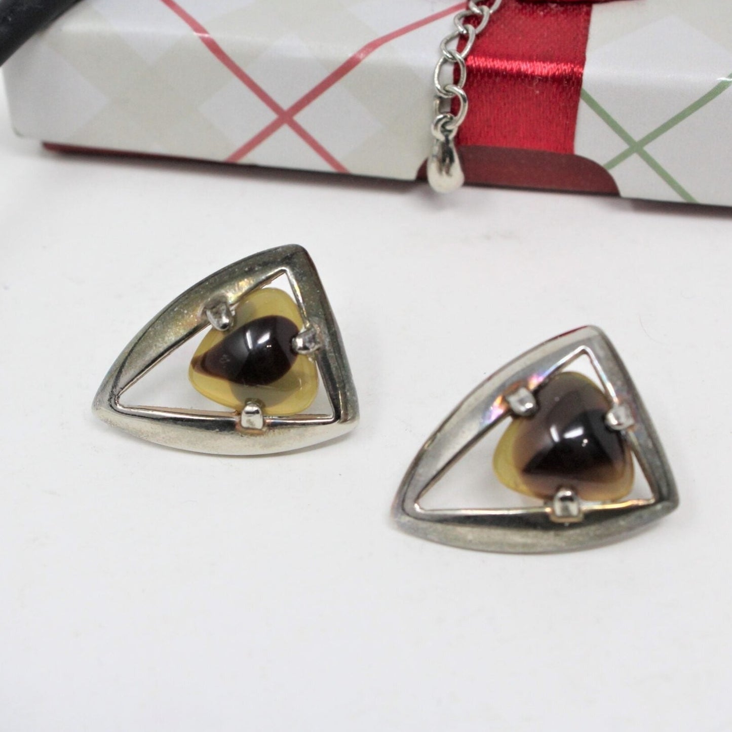 Necklace & Earrings Set, Cats Eye, Black Cord, Posts, Vintage