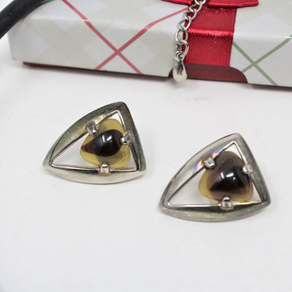 Necklace & Earrings Set, Cats Eye, Black Cord, Posts, Vintage