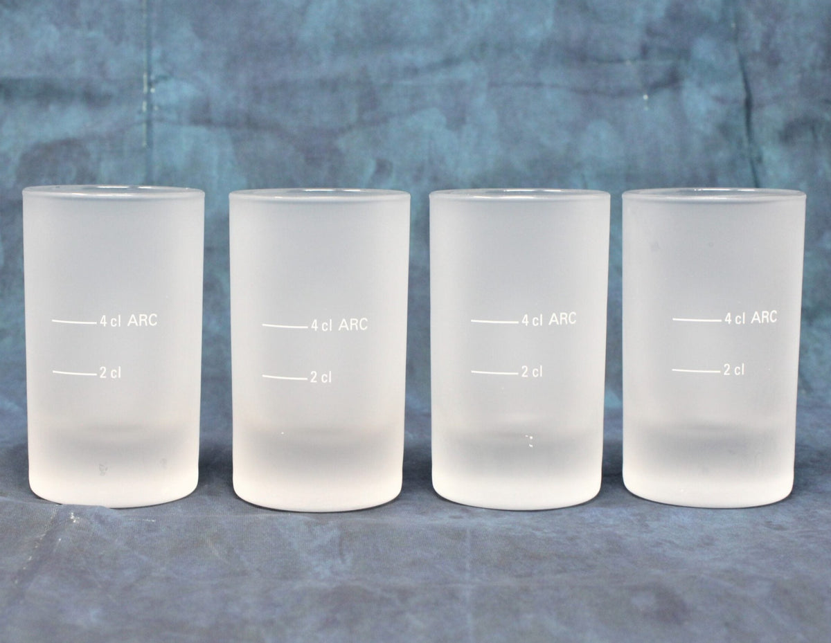 Shot Glasses: Jagermeister, Frosted Stag Logo, 2cl / 4cl Measure Lines, ARC, Germany, Set of 4 - SOLD