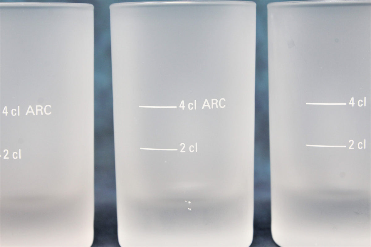 Shot Glasses: Jagermeister, Frosted Stag Logo, 2cl / 4cl Measure Lines, ARC, Germany, Set of 4 - SOLD