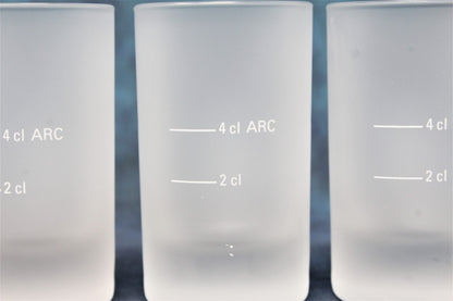 Shot Glasses: Jagermeister, Frosted Stag Logo, 2cl / 4cl Measure Lines, ARC, Germany, Set of 4 - SOLD