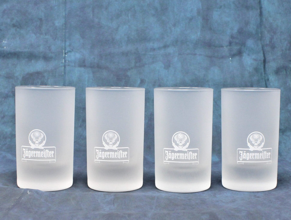 Shot Glasses: Jagermeister, Frosted Stag Logo, 2cl / 4cl Measure Lines, ARC, Germany, Set of 4 - SOLD