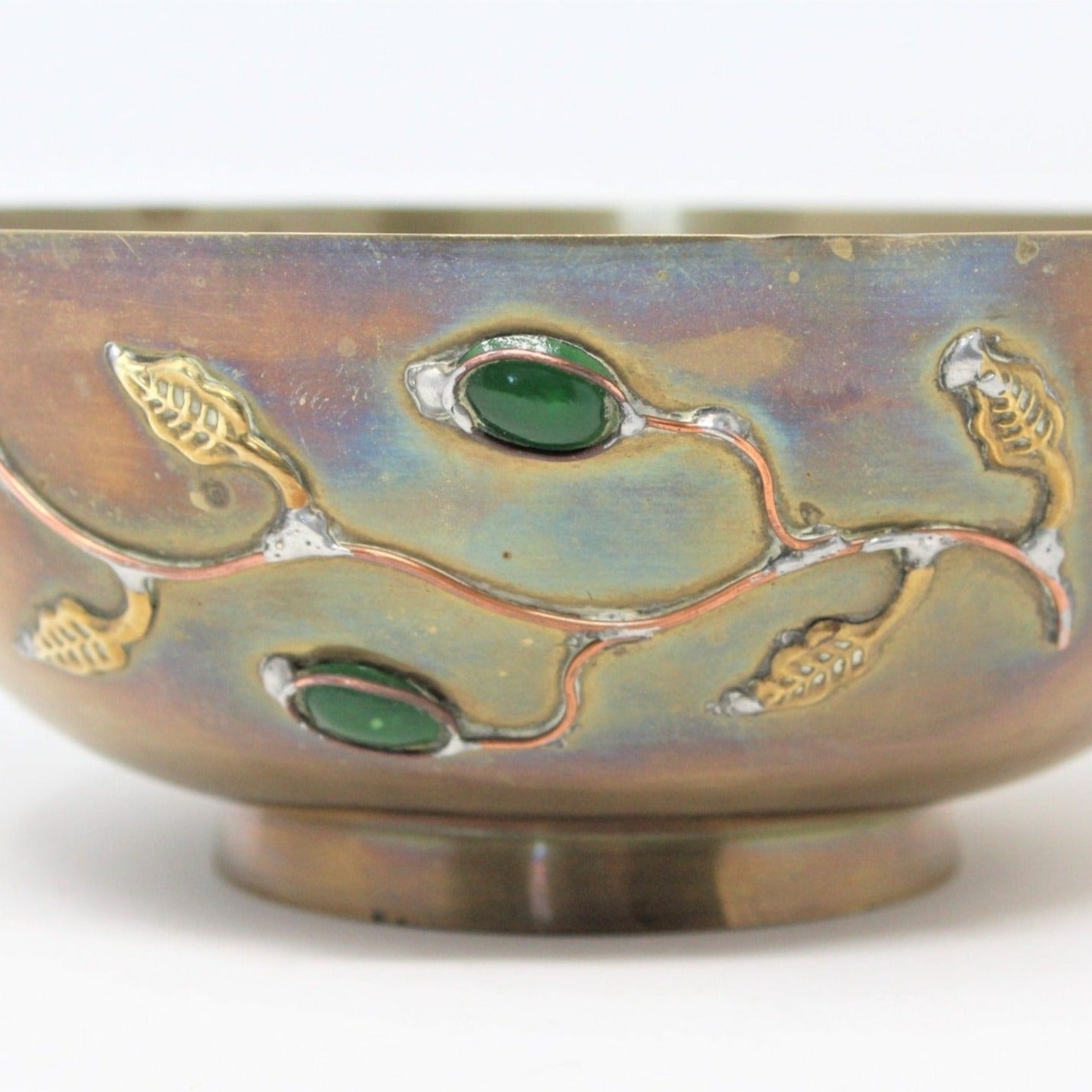 Bowl, Brass with Applied Peking Cabochon Stones, Vintage