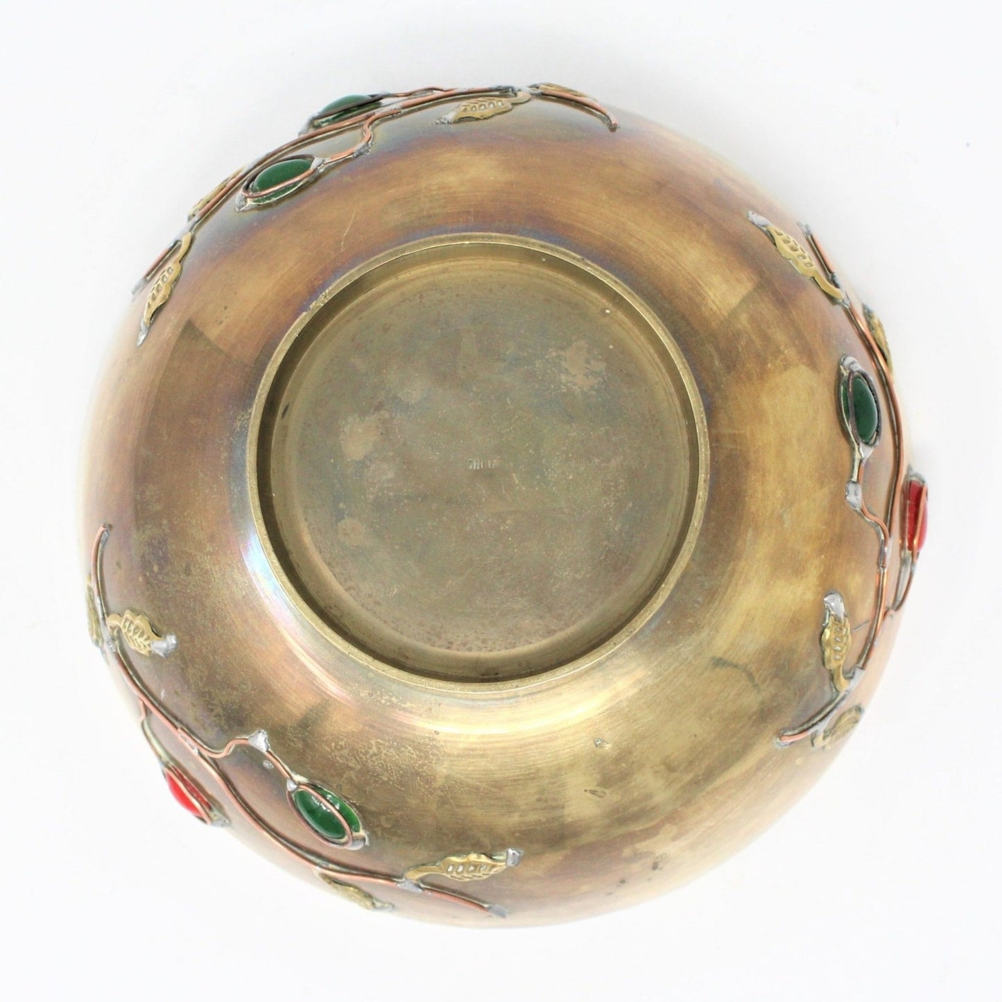 Bowl, Brass with Applied Peking Cabochon Stones, Vintage
