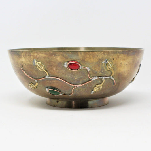 Bowl, Brass with Applied Peking Cabochon Stones, Vintage