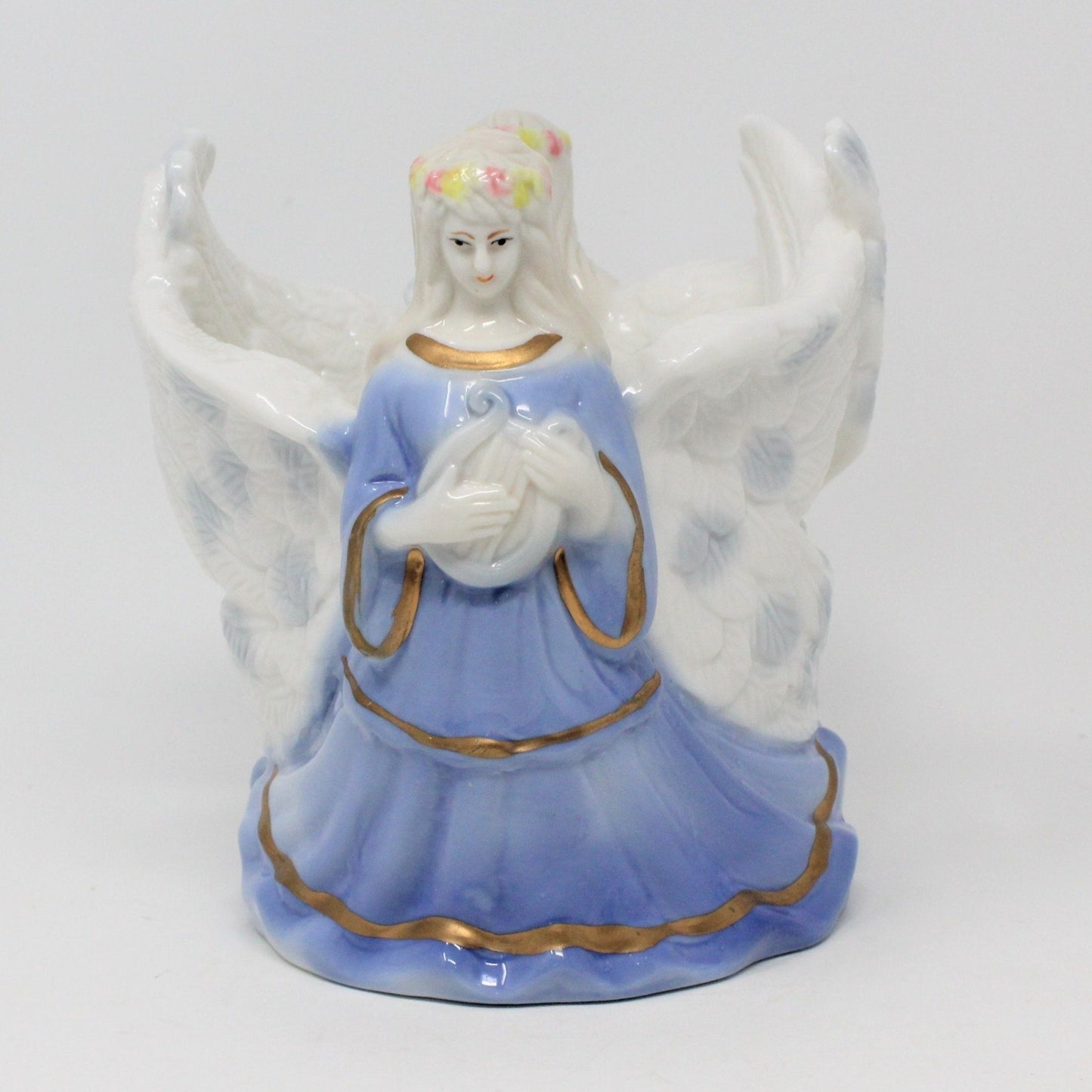 Candle Holder, Angels with Enlaced Wings, Blue & White, Vintage
