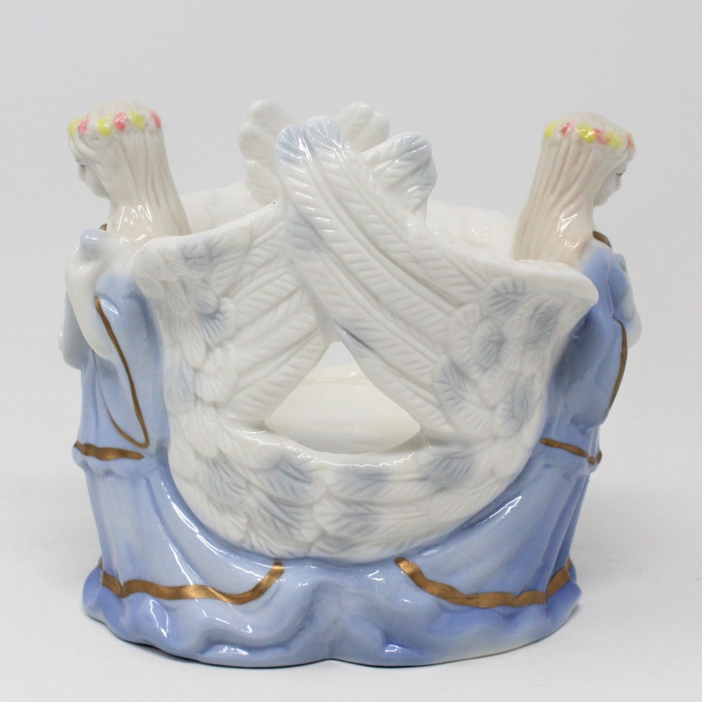 Candle Holder, Angels with Enlaced Wings, Blue & White, Vintage