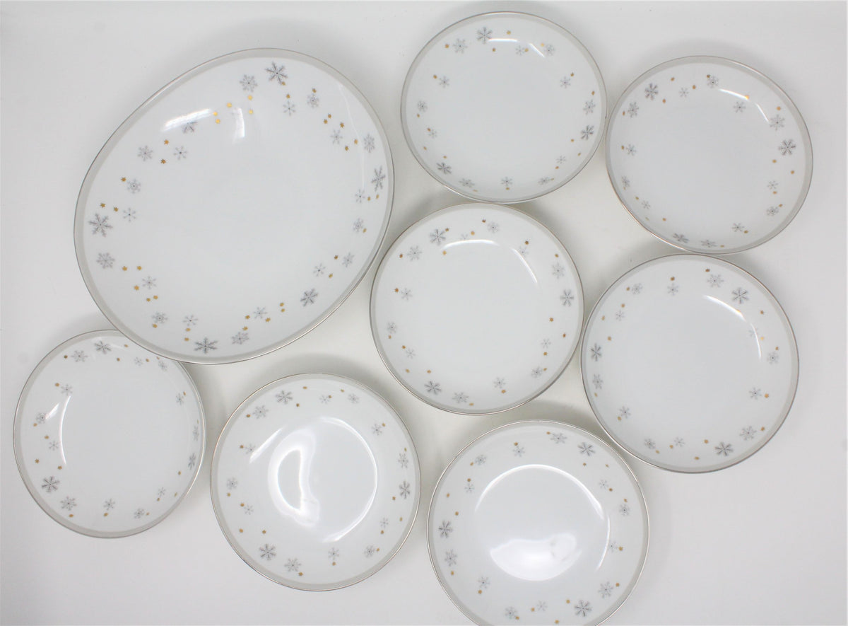 Salad Bowl Set: Snowflake & Gold Stars, MCM Porcelain, 8 Pcs, Vintage 1960s, SOLD