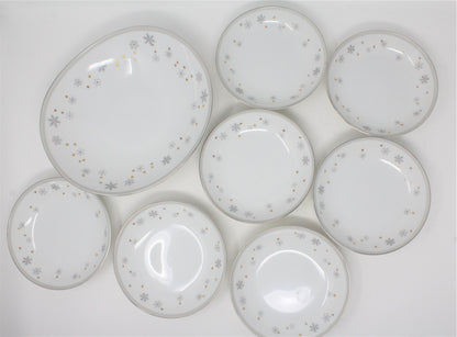 Salad Bowl Set: Snowflake & Gold Stars, MCM Porcelain, 8 Pcs, Vintage 1960s, SOLD