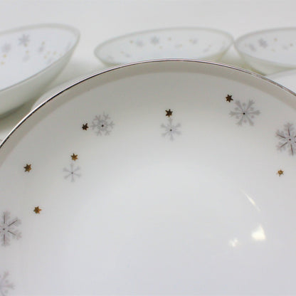 Salad Bowl Set: Snowflake & Gold Stars, MCM Porcelain, 8 Pcs, Vintage 1960s, SOLD