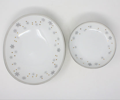 Salad Bowl Set: Snowflake & Gold Stars, MCM Porcelain, 8 Pcs, Vintage 1960s, SOLD