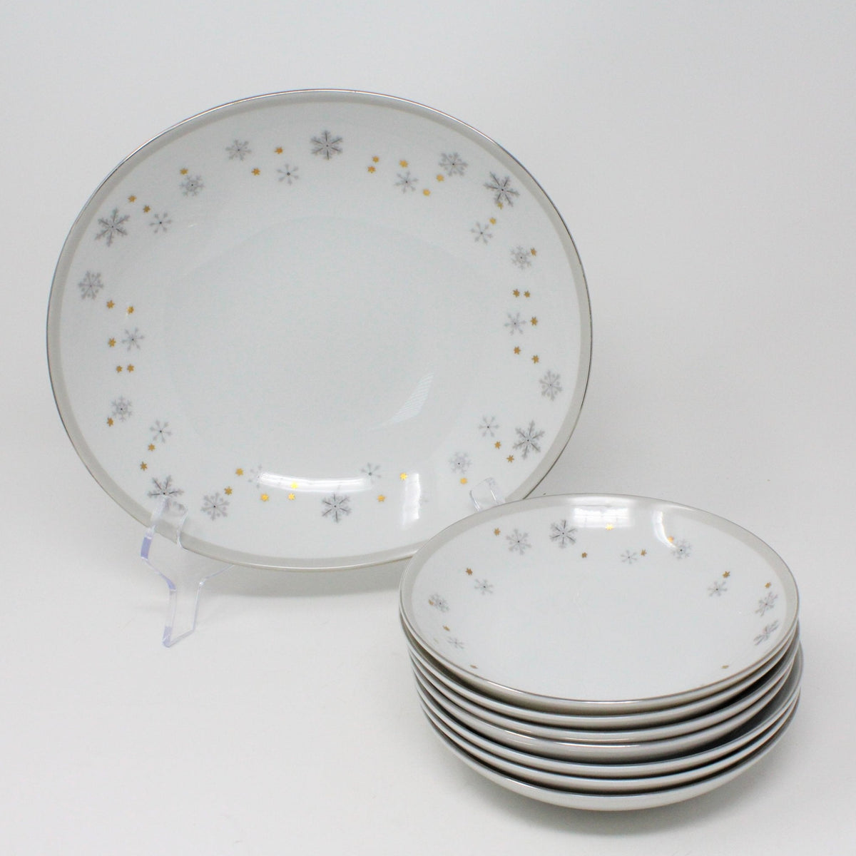 Salad Bowl Set: Snowflake & Gold Stars, MCM Porcelain, 8 Pcs, Vintage 1960s, SOLD