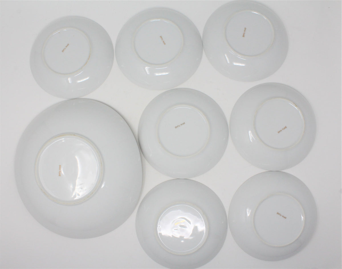 Salad Bowl Set: Snowflake & Gold Stars, MCM Porcelain, 8 Pcs, Vintage 1960s, SOLD