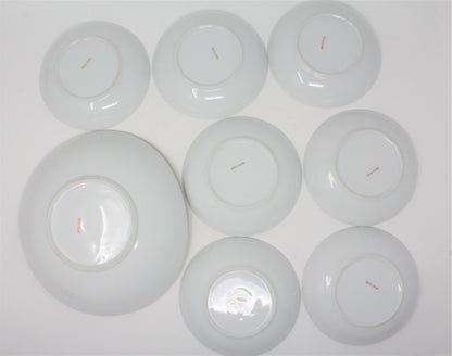 Salad Bowl Set: Snowflake & Gold Stars, MCM Porcelain, 8 Pcs, Vintage 1960s, SOLD