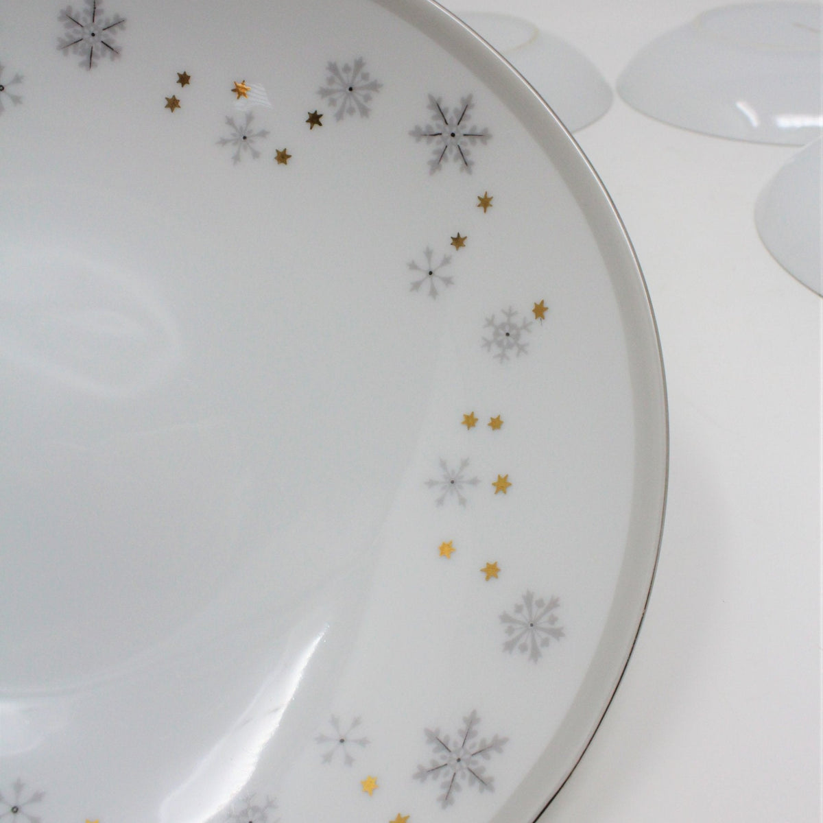 Salad Bowl Set: Snowflake & Gold Stars, MCM Porcelain, 8 Pcs, Vintage 1960s, SOLD
