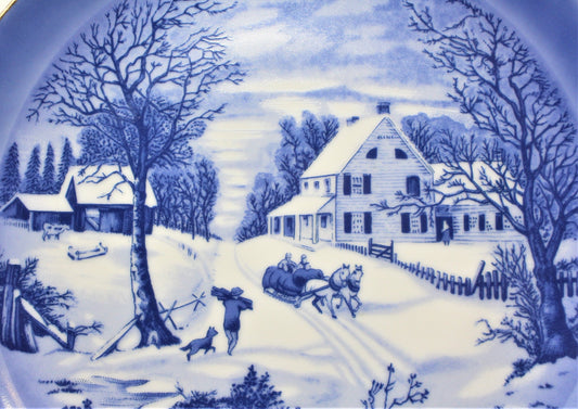 Decorative Plate, Currier & Ives, The Homestead In Winter, Blue & White, Vintage
