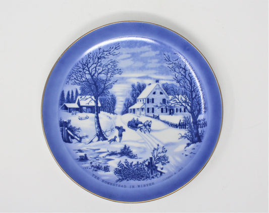 Decorative Plate, Currier & Ives, The Homestead In Winter, Blue & White, Vintage