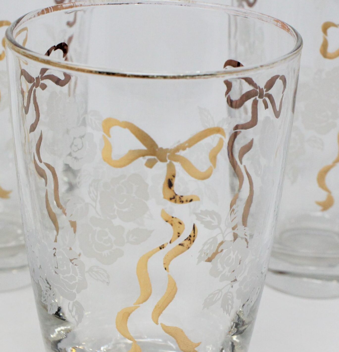 6 Vintage Cocktail Glasses with Gold and White Designs, Libbey