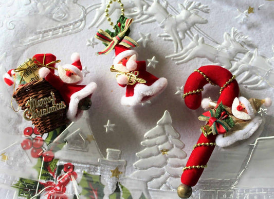 Ornaments, Santa Claus, Hand Made Felt, Set of 5, Vintage