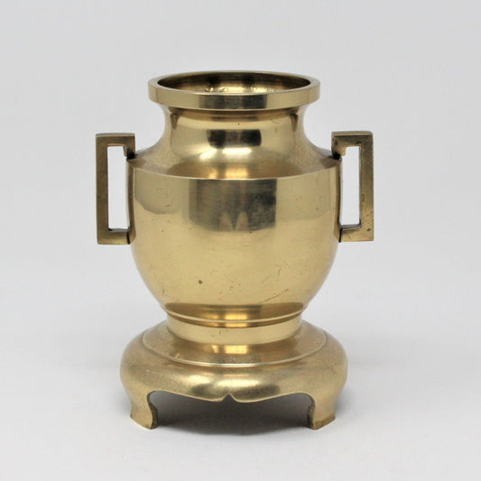 Vase, Brass Urn with Square Handles and Footed, Vintage