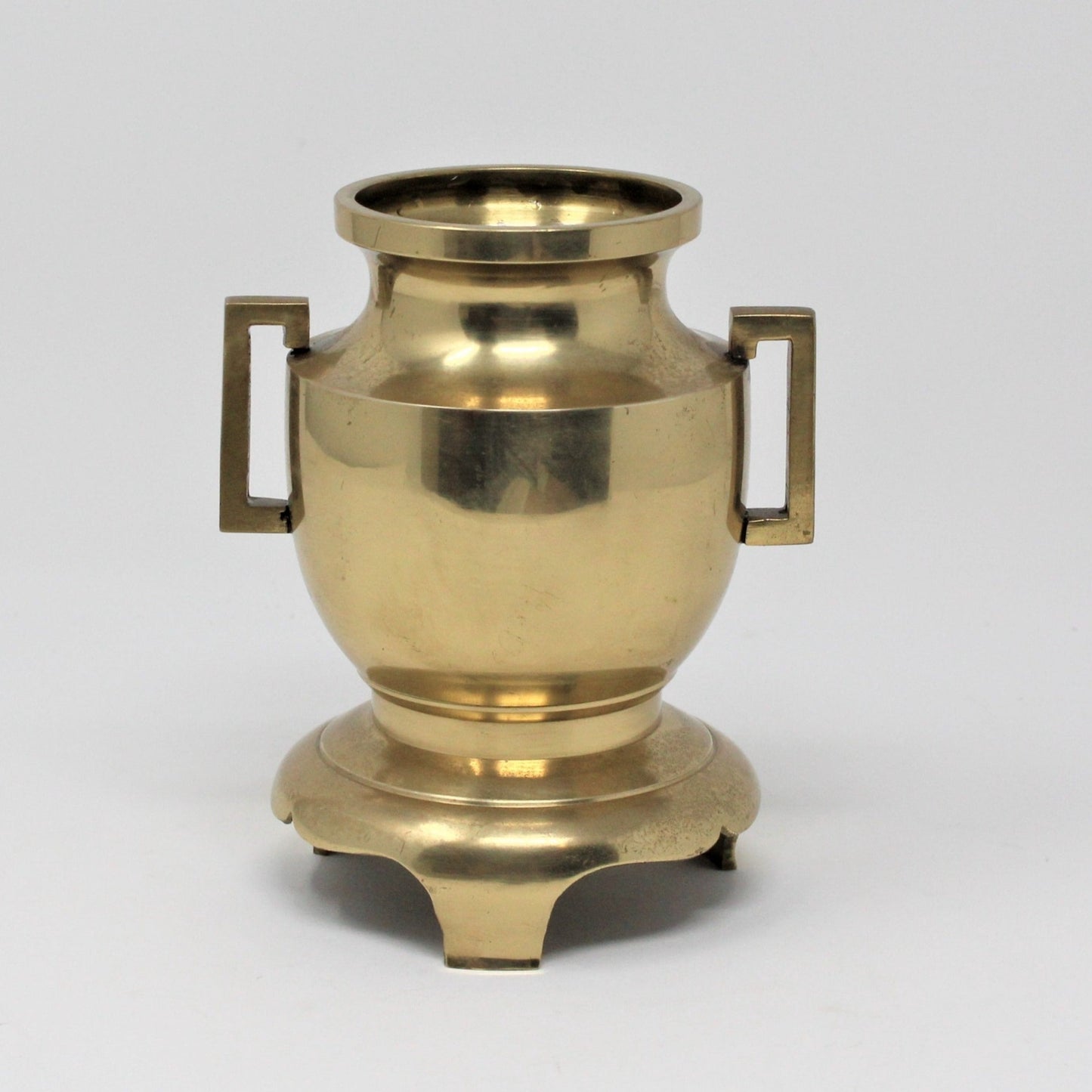 Vase, Brass Urn with Square Handles and Footed, Vintage