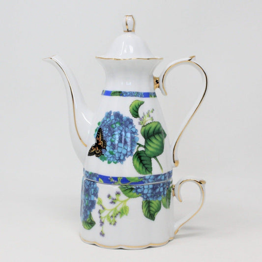 Teapot for One, Hydrangea and Butterfly Design, Porcelain