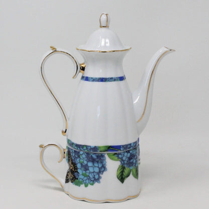 Teapot for One, Hydrangea and Butterfly Design, Porcelain