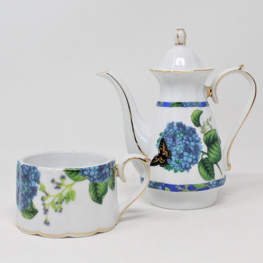 Teapot for One, Hydrangea and Butterfly Design, Porcelain