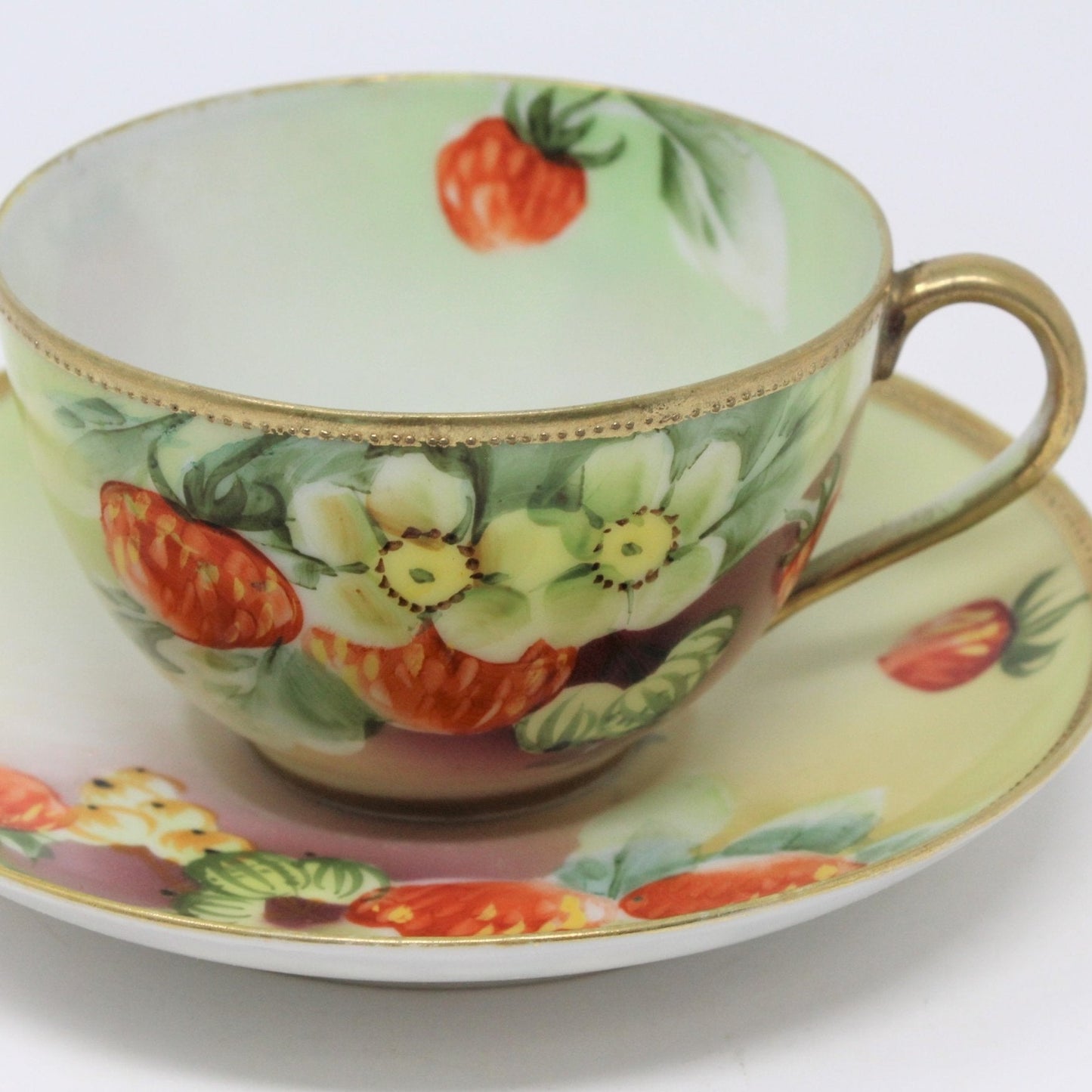 Teacup and Saucer, Nippon, Strawberries, Gold Beaded, Hand Painted, Antique