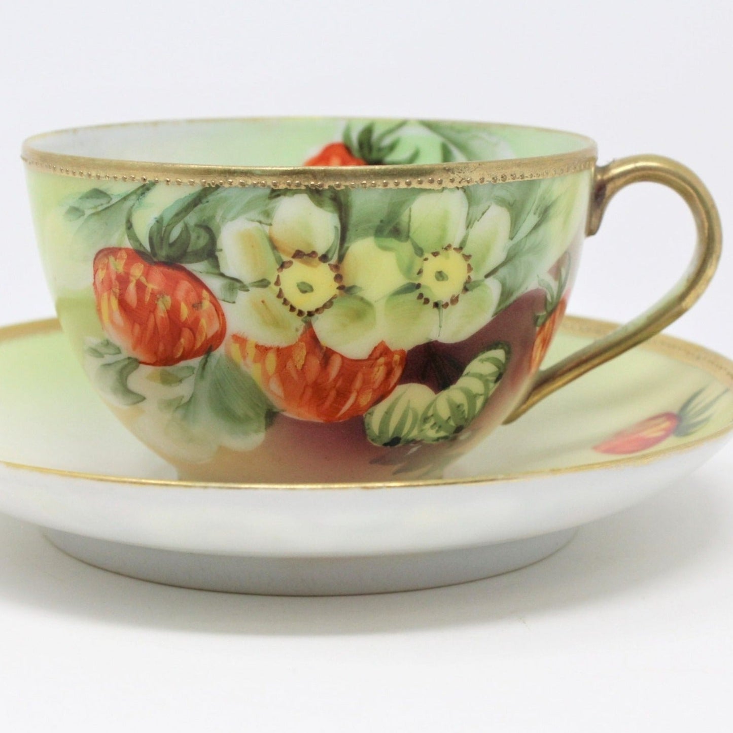 Teacup and Saucer, Nippon, Strawberries, Gold Beaded, Hand Painted, Antique