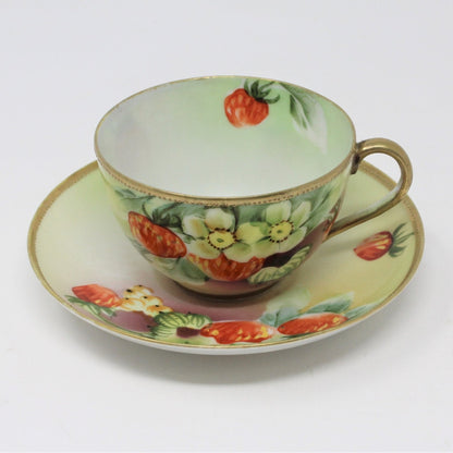 Teacup and Saucer, Nippon, Strawberries, Gold Beaded, Hand Painted, Antique