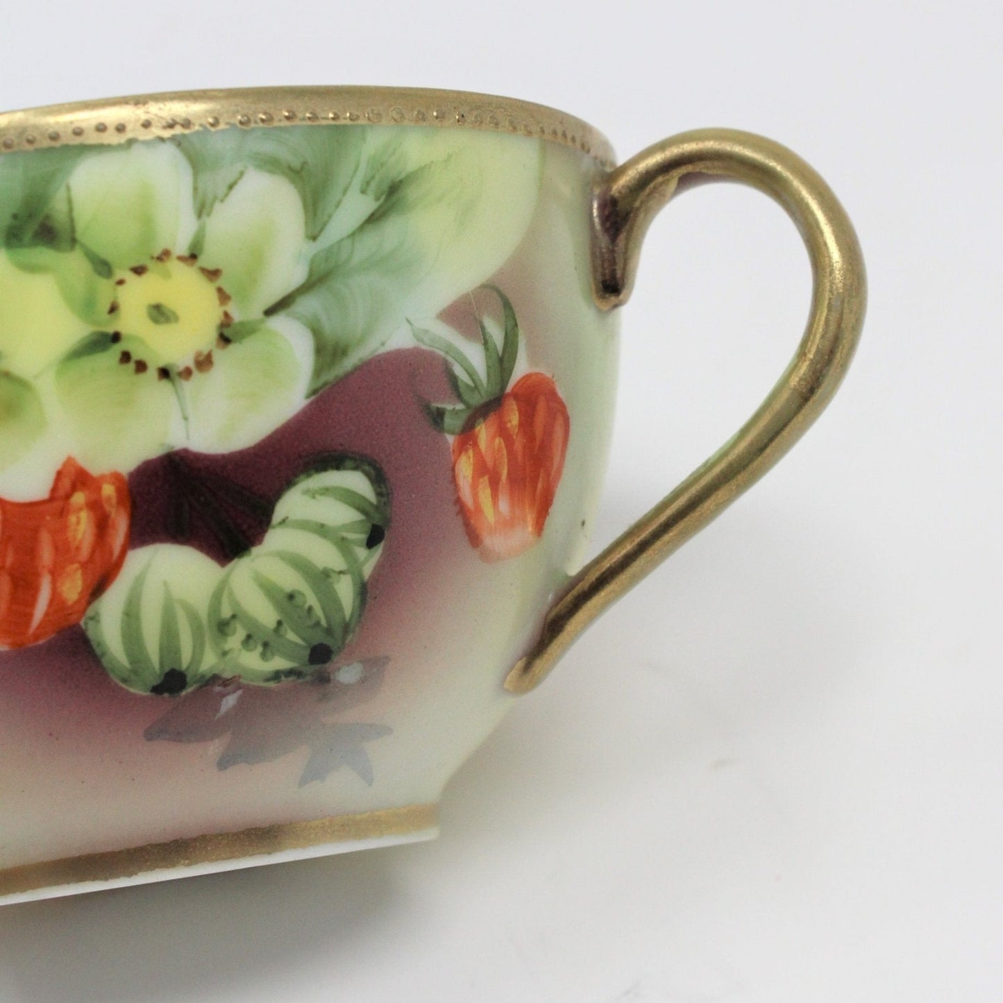 Teacup and Saucer, Nippon, Strawberries, Gold Beaded, Hand Painted, Antique