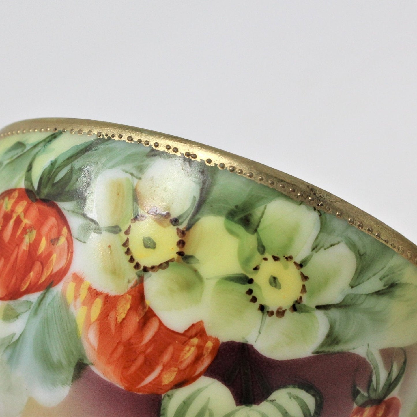 Teacup and Saucer, Nippon, Strawberries, Gold Beaded, Hand Painted, Antique