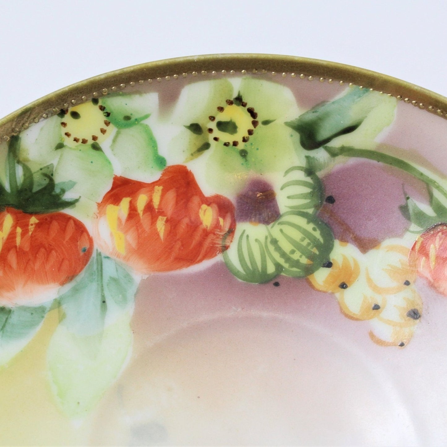 Teacup and Saucer, Nippon, Strawberries, Gold Beaded, Hand Painted, Antique