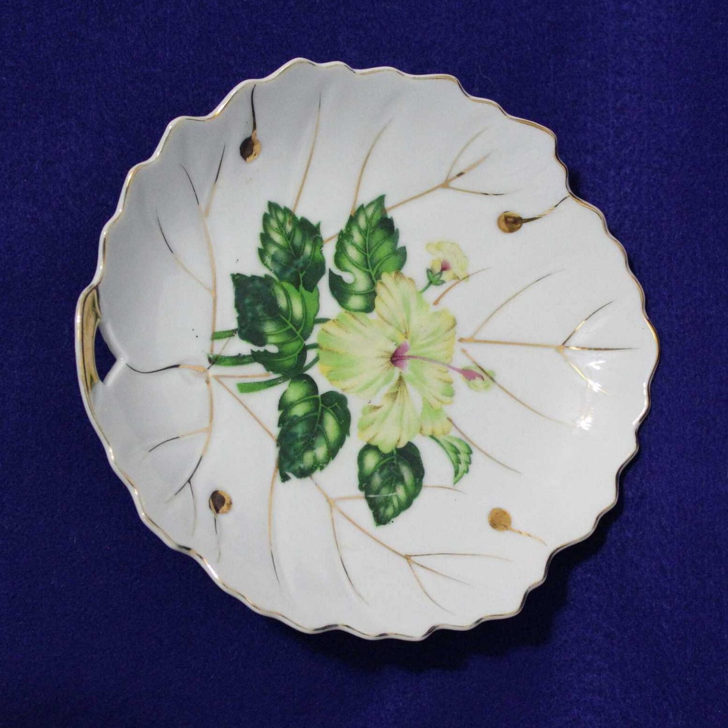 Trinket Dish, NASCO, Leaf Shaped White Hibiscus, Vintage