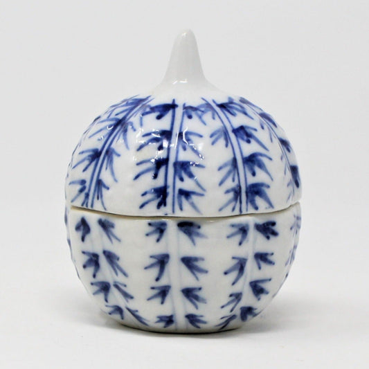 Trinket Box, Oriental Pumpkin, Blue & White, Miniature, Vintage