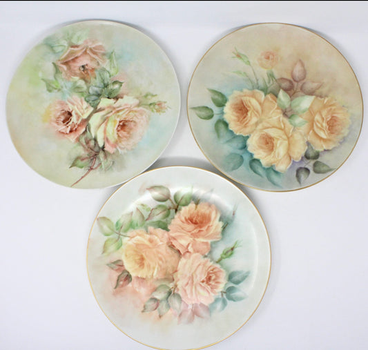 Decorative Plates, Hand Painted Roses, Set of Three, Vintage