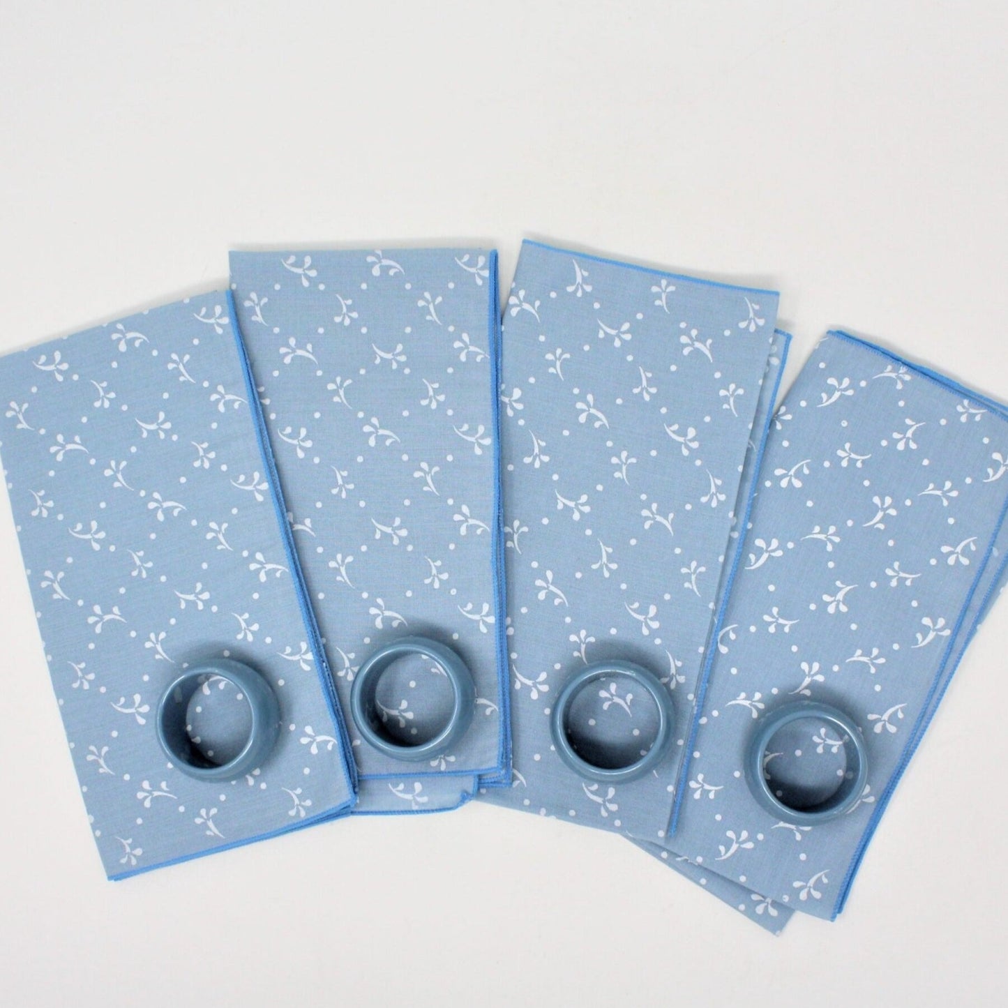 Cloth Dinner Napkins with Rings, Printed Blue & White, Set of 4