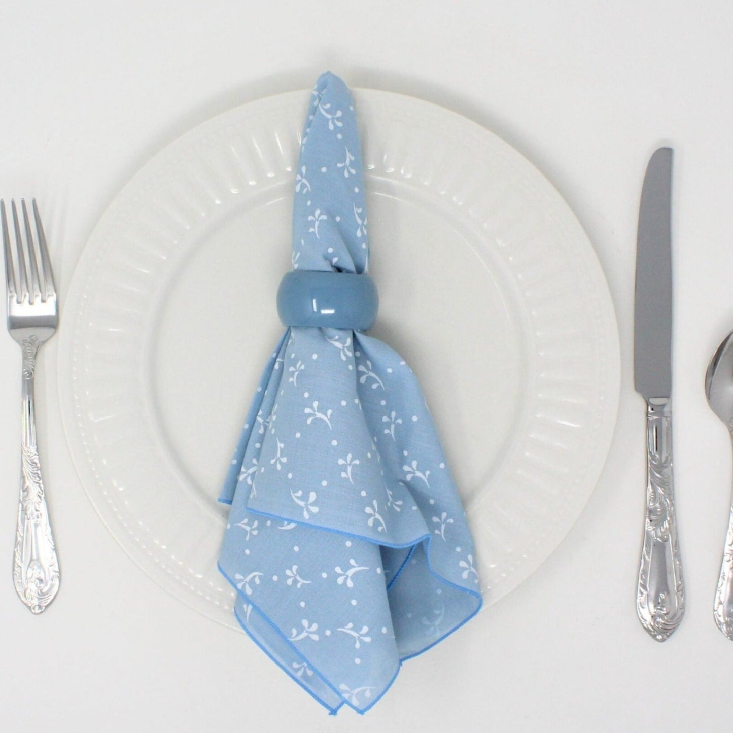 Cloth Dinner Napkins with Rings, Printed Blue & White, Set of 4