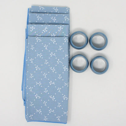 Cloth Dinner Napkins with Rings, Printed Blue & White, Set of 4