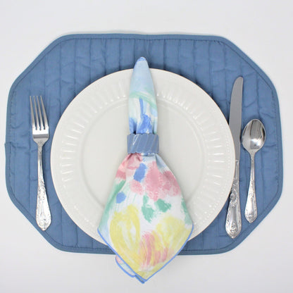 Placemats and Napkins w/Rings Set, Quilted Blue & Pastel Floral, Set for 2, Vintage