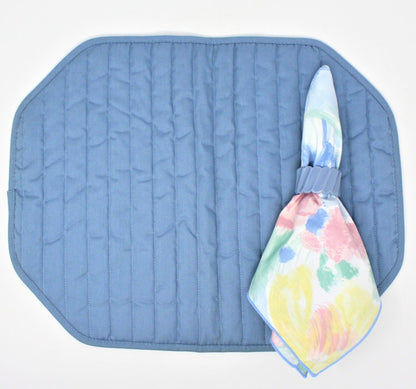 Placemats and Napkins w/Rings Set, Quilted Blue & Pastel Floral, Set for 2, Vintage