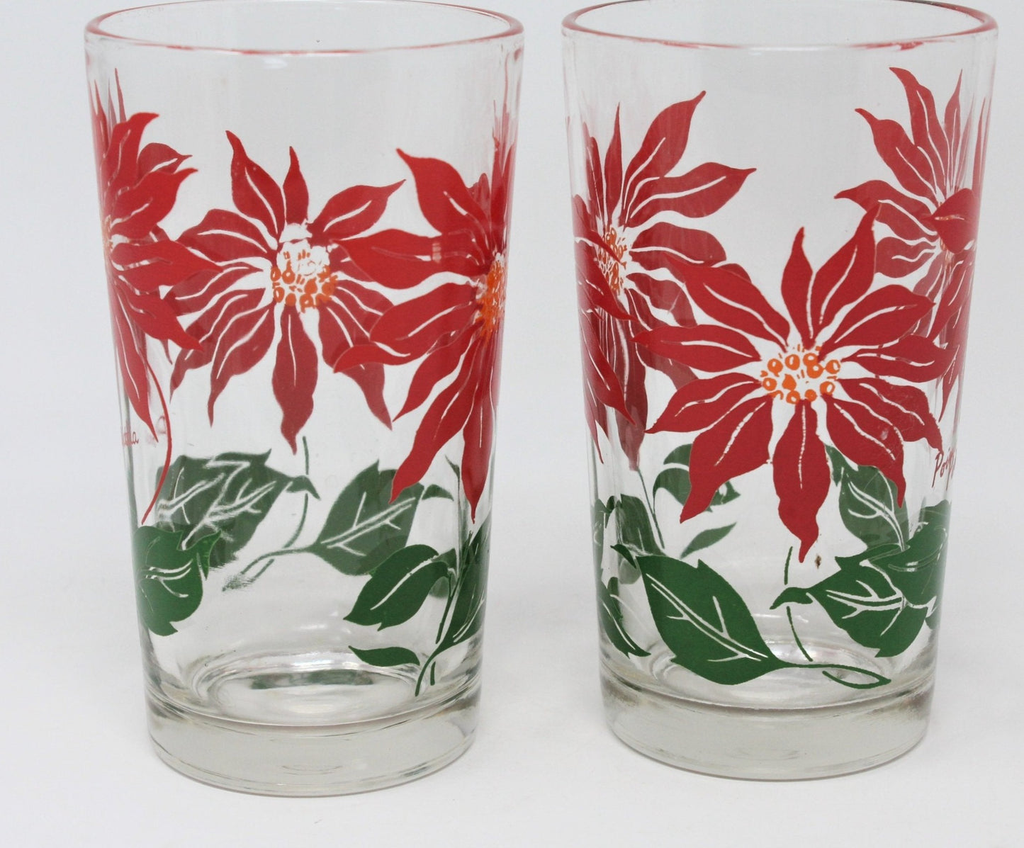 Glass Tumblers, Christmas Poinsettia, Hazel Atlas, Set of 2, Vintage